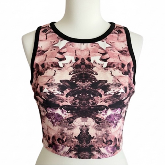 Bar III Shirt Tribal Pink Black White Crystals Midriff Cropped Top Club M Zip Up - Picture 1 of 8